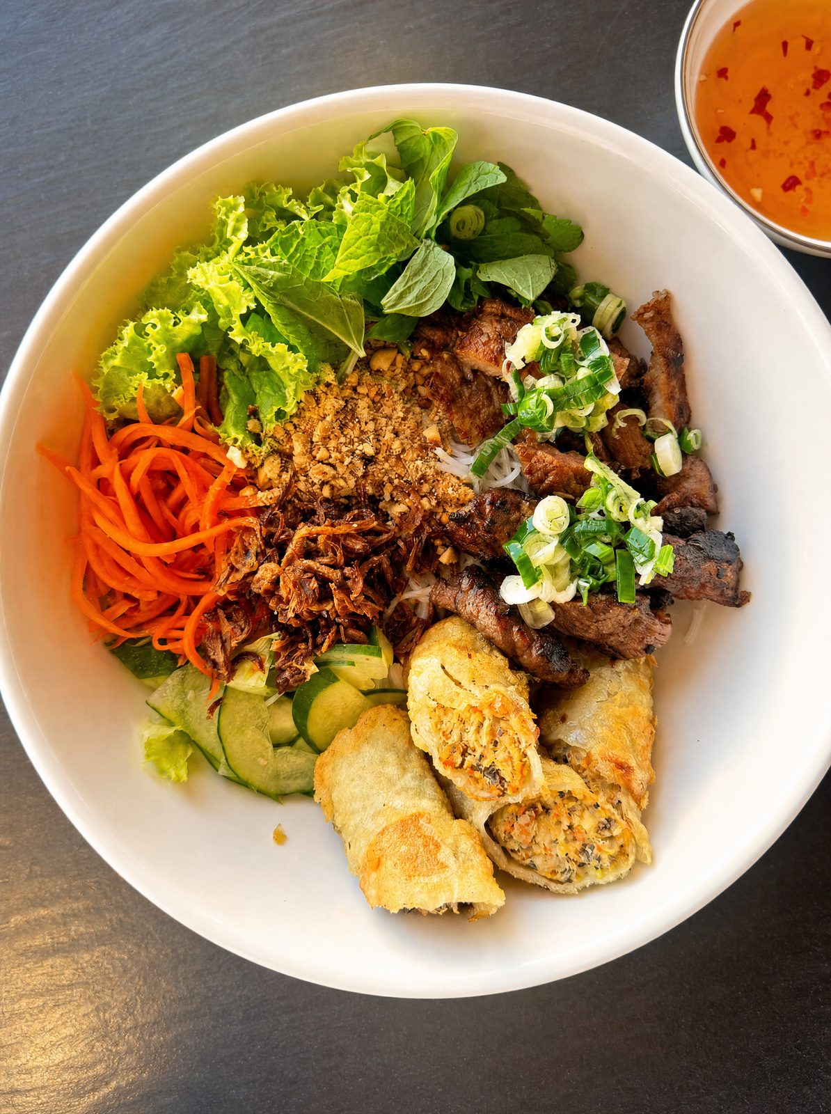 Bún bò lemongrass beef vermicelli noodle bowl at Thuy's, Uluwatu, Bali