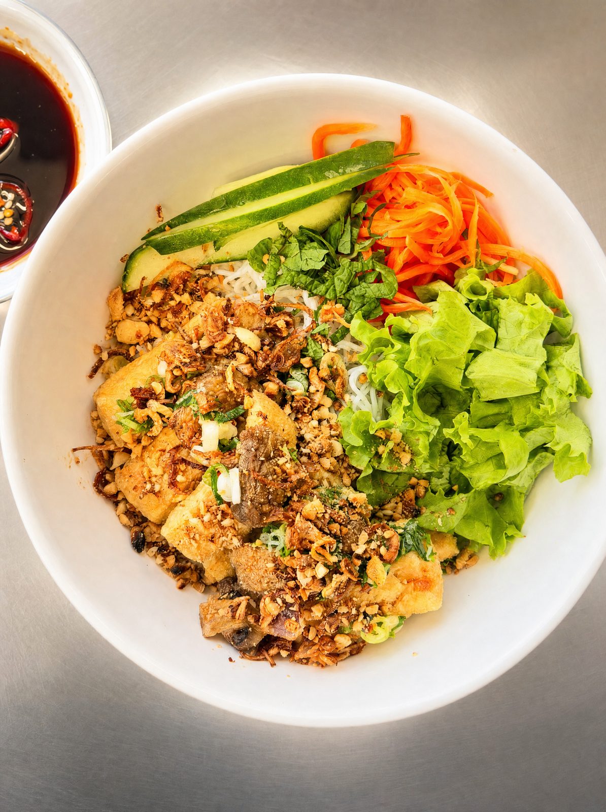 Bún chay tofu and mushroom vermicelli noodle bowl at Thuy's Vietnamese restaurant, Uluwatu